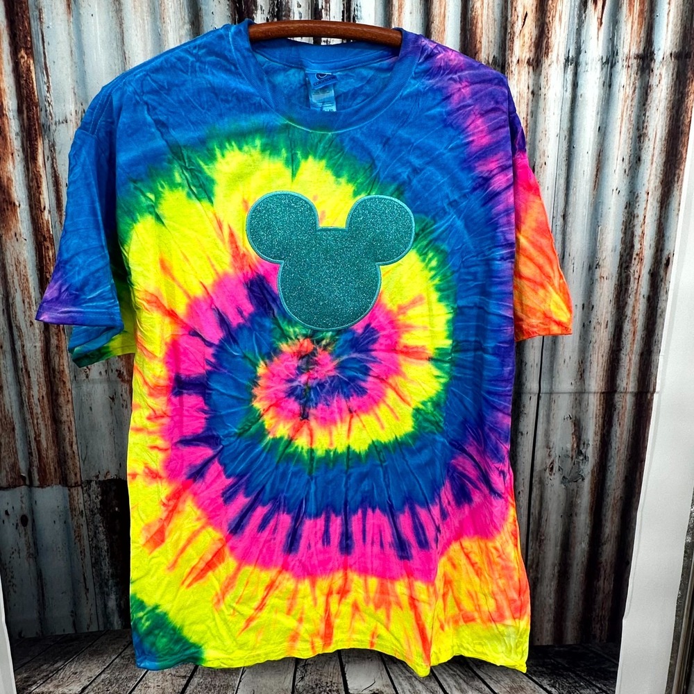 Colortone Neon Rainbow Tie-Dye Tee XL – Vibrant Swirl + Glitter Mouse Appliqué